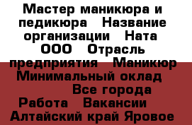 Мастер маникюра и педикюра › Название организации ­ Ната, ООО › Отрасль предприятия ­ Маникюр › Минимальный оклад ­ 35 000 - Все города Работа » Вакансии   . Алтайский край,Яровое г.